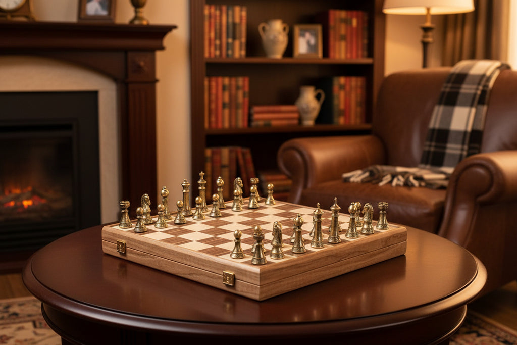 Manopoulos – Brass Pewter Staunton Chess set & Board