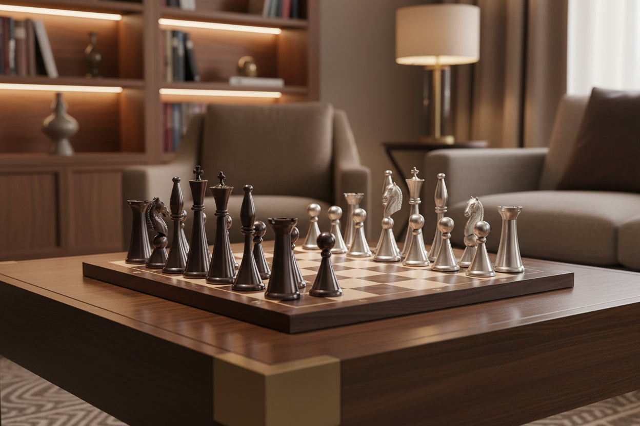 Art Deco Brass Chess Pieces & Box
