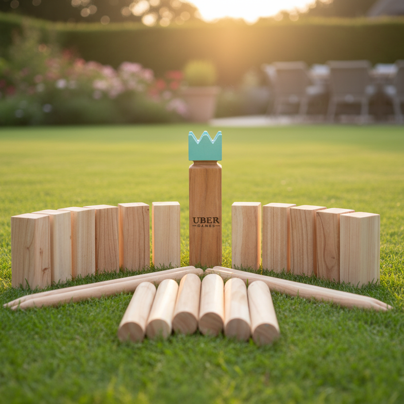 A wooden block and peg game set arranged on a white background, featuring natural wood blocks, two wooden maces, and a central tower topped with a mint green crown. The tower is branded with 'Uber' and 'Ride with Uber'.
