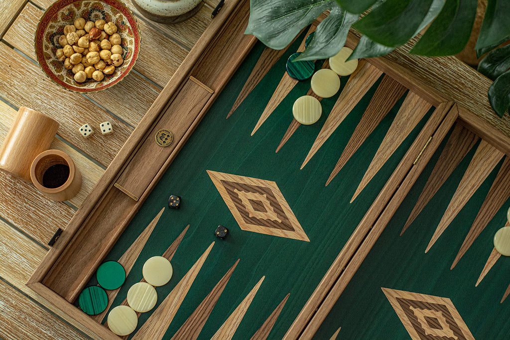 Manopoulos Walnut with Green Oak Luxury Backgammon Set