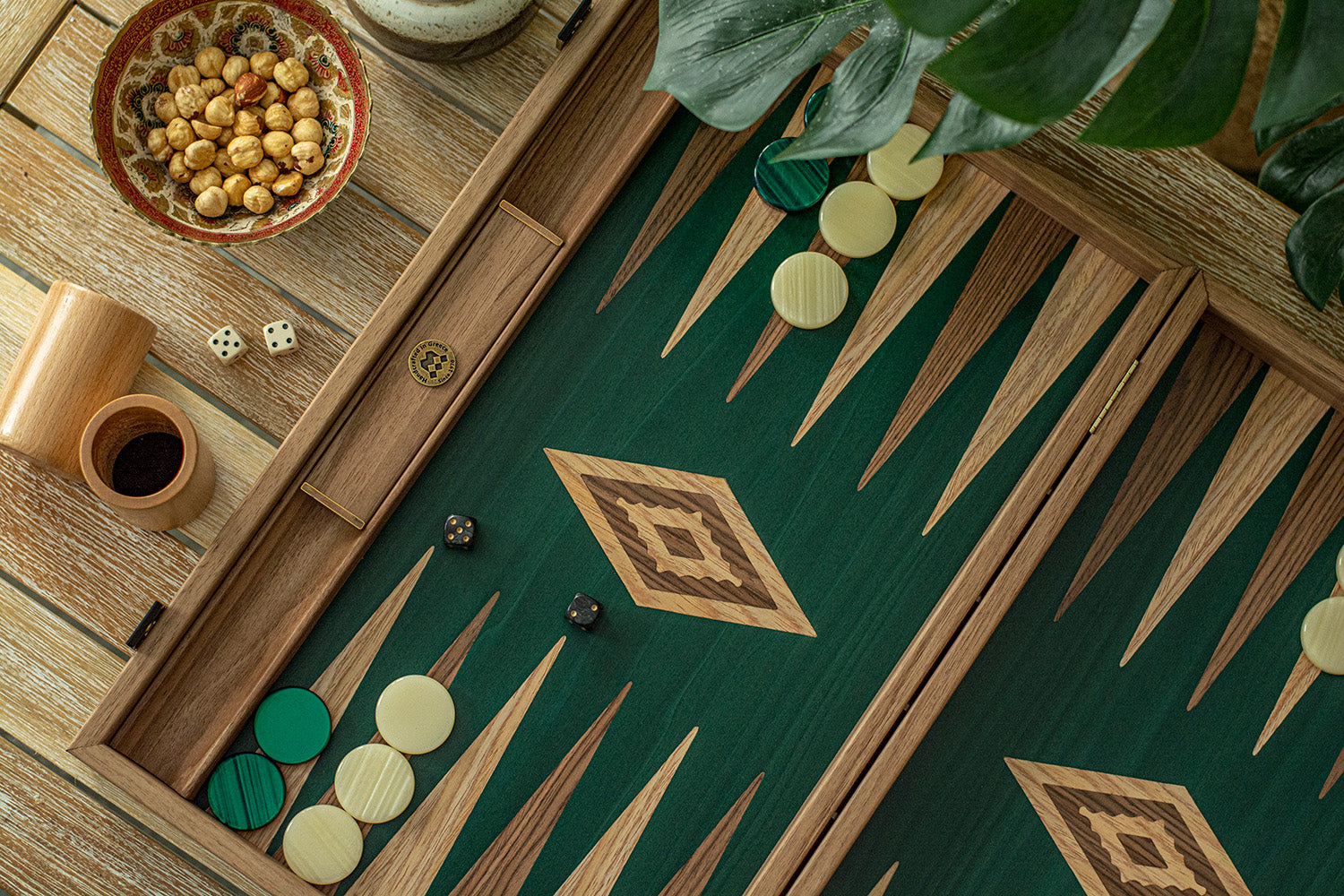 Manopoulos Walnut with Green Oak Luxury Backgammon Set