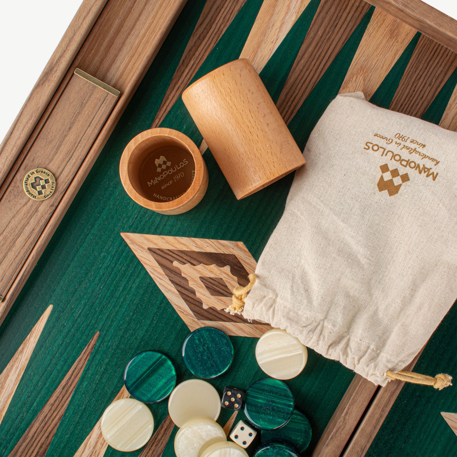 Manopoulos Walnut with Green Oak Luxury Backgammon Set