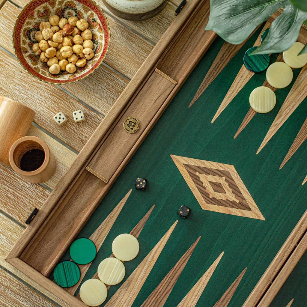Manopoulos Walnut with Green Oak Luxury Backgammon Set