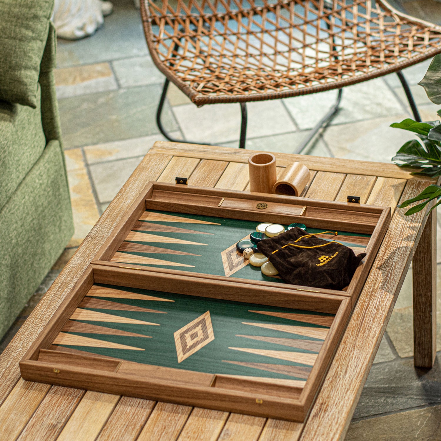 Manopoulos Walnut with Green Oak Luxury Backgammon Set